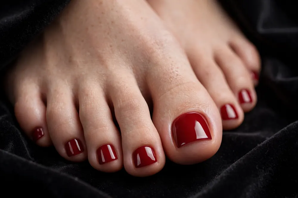 Glossy cherry-red polish for a timeless look