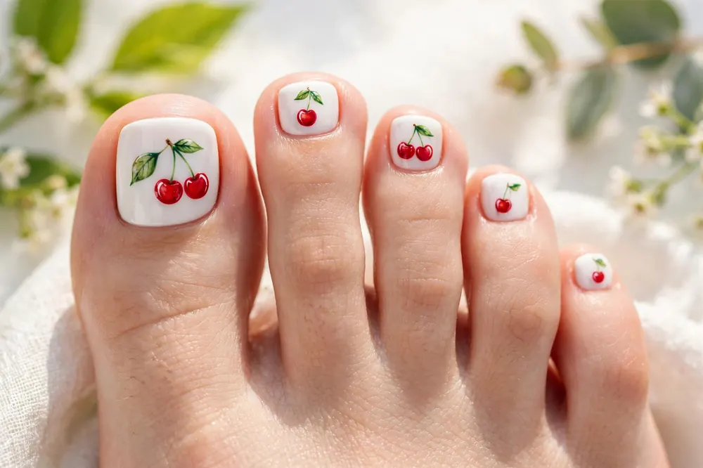 Cherry motif toe nail designs painted on toenails