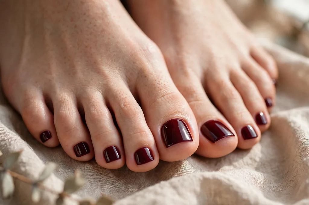 Deep burgundy wine toenail polish on feet