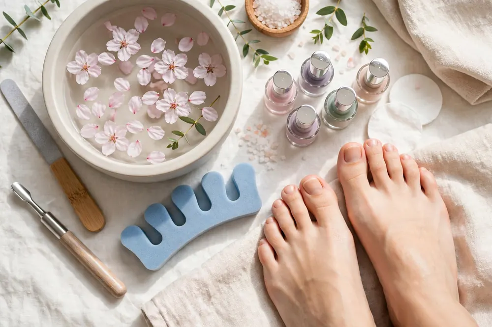 Pedicure prep tools arranged beside a foot soak