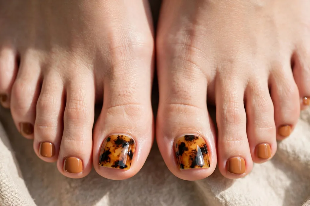 Tortoiseshell toenail art on big toes
