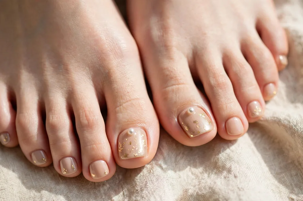Gold foil toenail accents with pearl