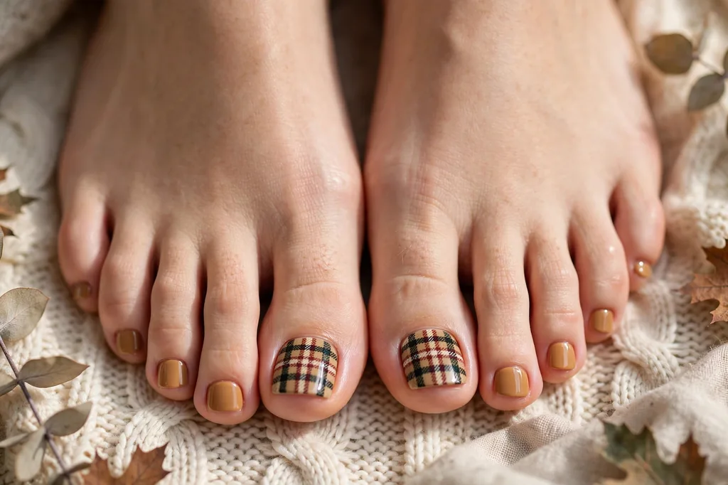 Plaid fall toenail design