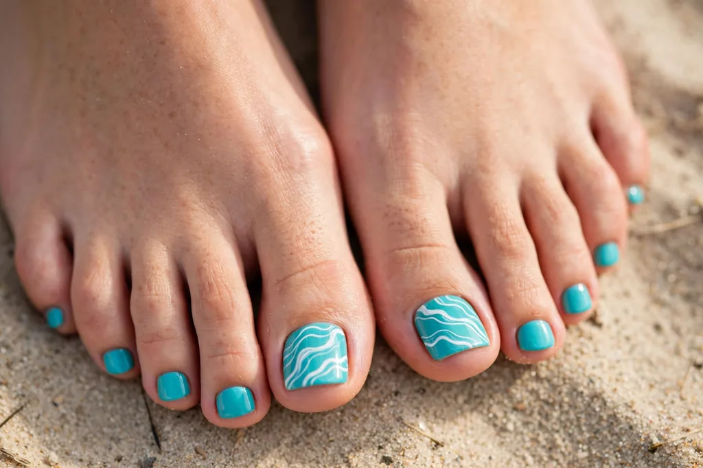 Turquoise wave pattern on feet with white lines