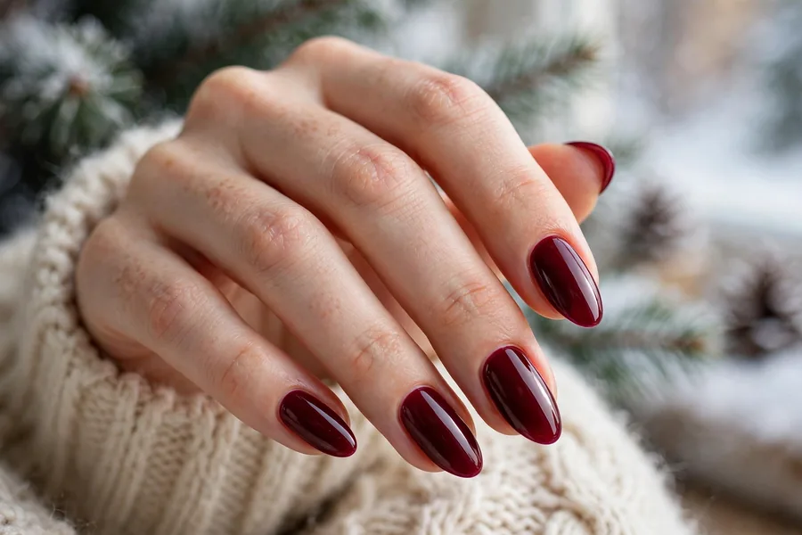 Deep burgundy winter nail designs on elegant almond fingertips