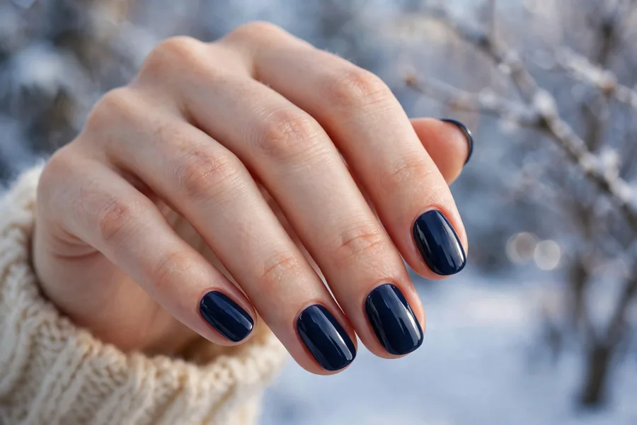 Rich navy manicure with a glossy finish on fair fingertips