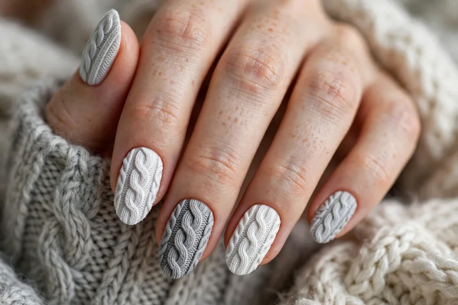 Cozy sweater knit winter nail designs in soft gray tones