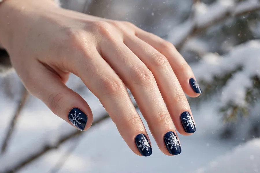 Delicate white snowflake art on deep blue polished fingertips