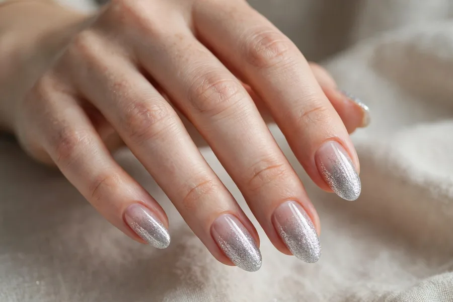 Silver glitter frost gradient fading across a chic manicure