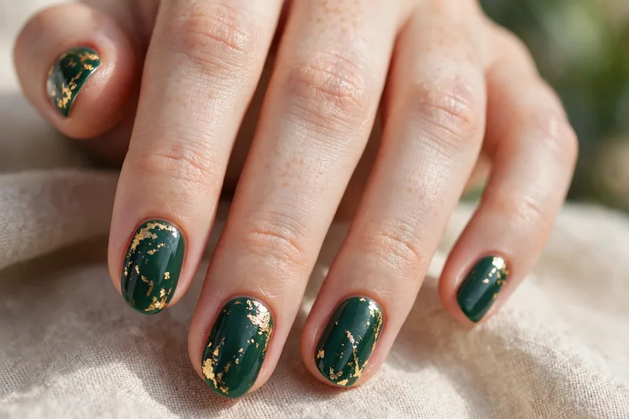 Deep evergreen polish with delicate gold accents on fingertips