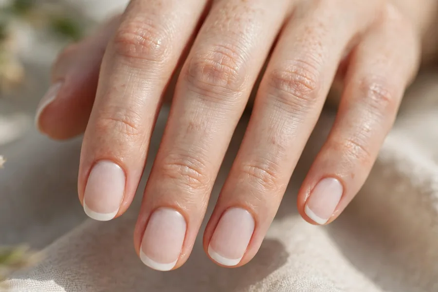 Classic frosted French manicure with crisp white tips
