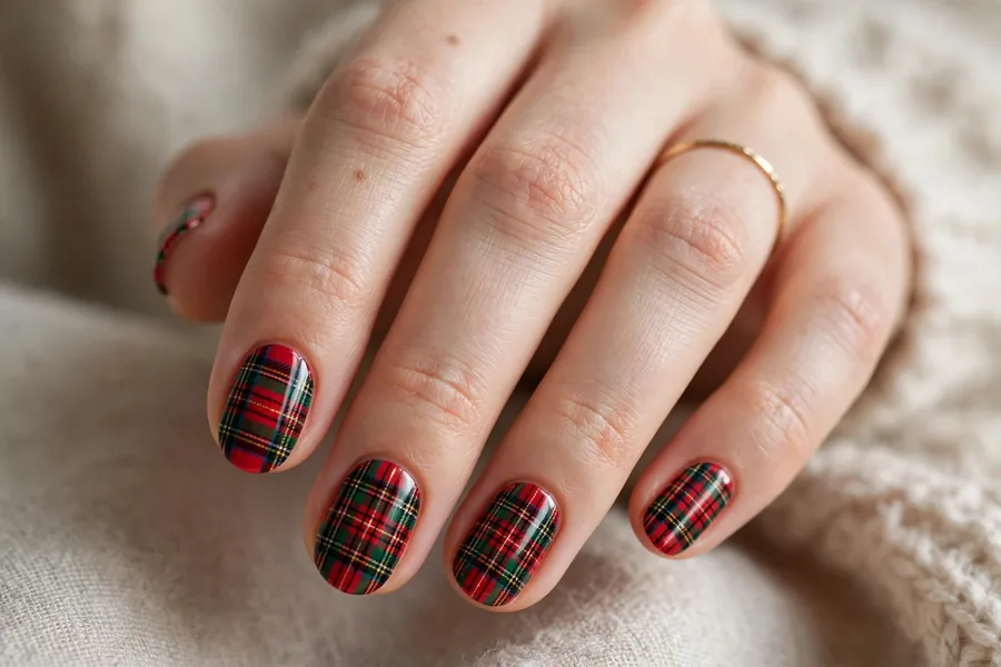 Red and green plaid winter nail designs for the holidays