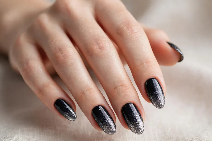 Midnight black-to-silver sparkle ombre on almond fingertips