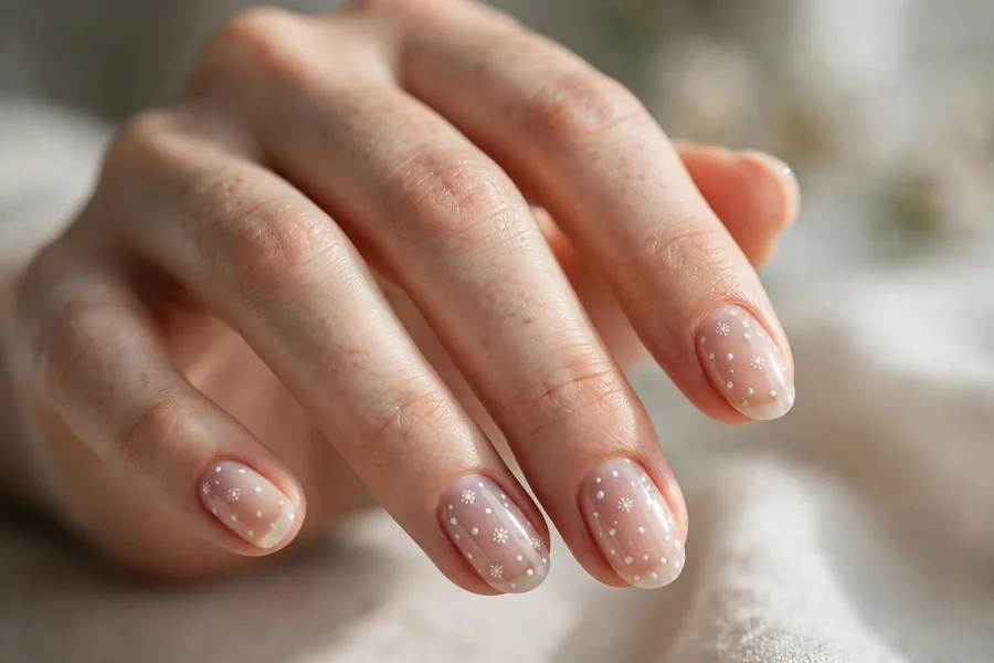 Minimalist nude manicure with tiny white snow dots