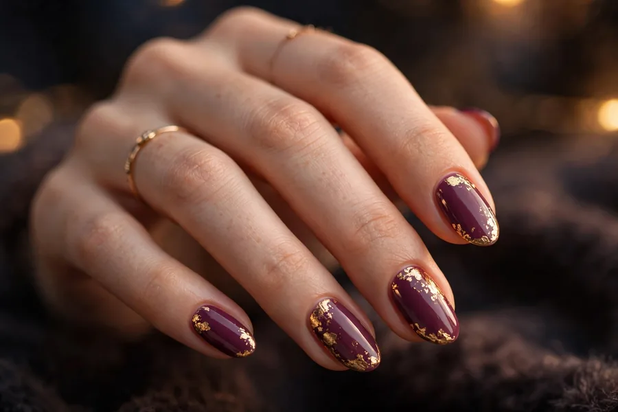 Rich berry polish with gold foil accents for cold evenings